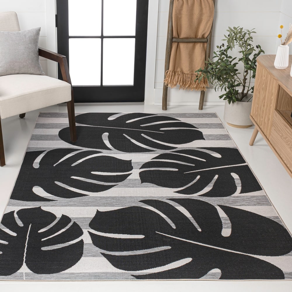 JONATHAN Y Allison Classic Beach Stripe and Monstera Leaf Indoor/Outdoor Area Rug