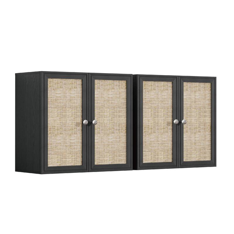 Rattan Wall Cabinets with Adjustable Shelf and LED Light Set of 2 - Black