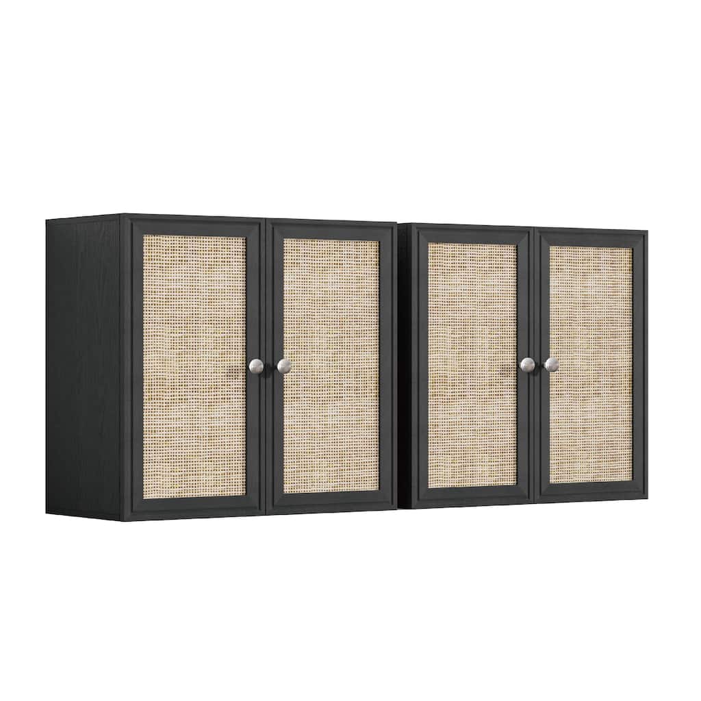 Rattan Wall Cabinets with Adjustable Shelf and LED Light Set of 2
