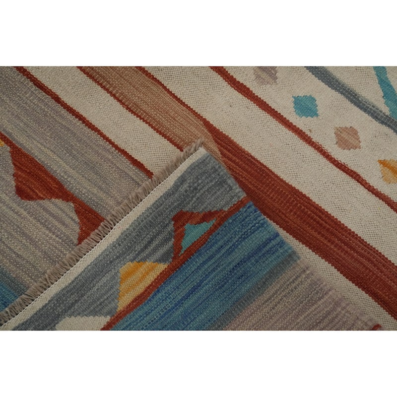 Hand Woven Oriental 100% Wool Carpet Southwestern Tribal Beige & Ivories Kilim Area Rug - 8' 10'' X 5' 7''