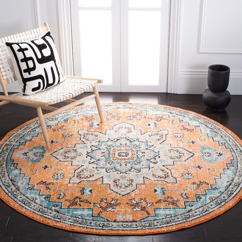 SAFAVIEH Madison Diederike Boho Medallion Distressed Rug - 5' Round - Orange/Teal - Round