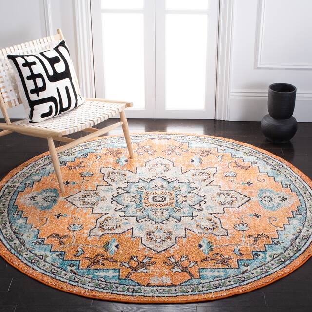 SAFAVIEH Madison Diederike Boho Medallion Distressed Rug - 5' x 5' Round - Orange/Teal