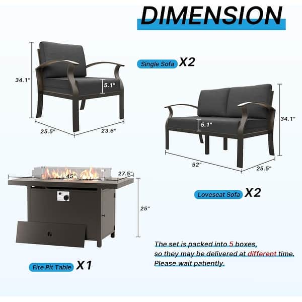 dimension image slide 4 of 14, Aluminum Patio Outdoor Sectional Sofa Set with Fire Pit, Swivel Rocking Chairs and Ottomans
