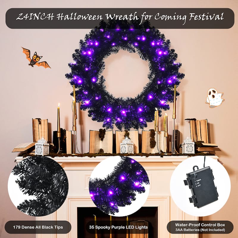 Halloween Wreath Artificial Christmas Wreath with 35 Purple LED Lights