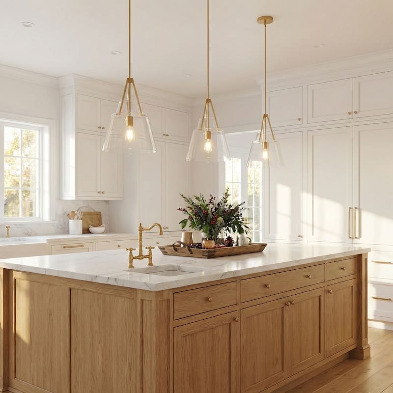 15" Contemporary Brushed Gold Tapered Glass Kitchen Island Pendant Light Adjustable Hanging Chandelier - N/A