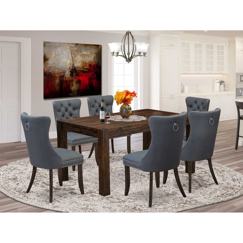 HomeStock 7-Piece Rectangle Distressed Jacobean Finish Solid Wood Top Dining Table with 6 Chairs