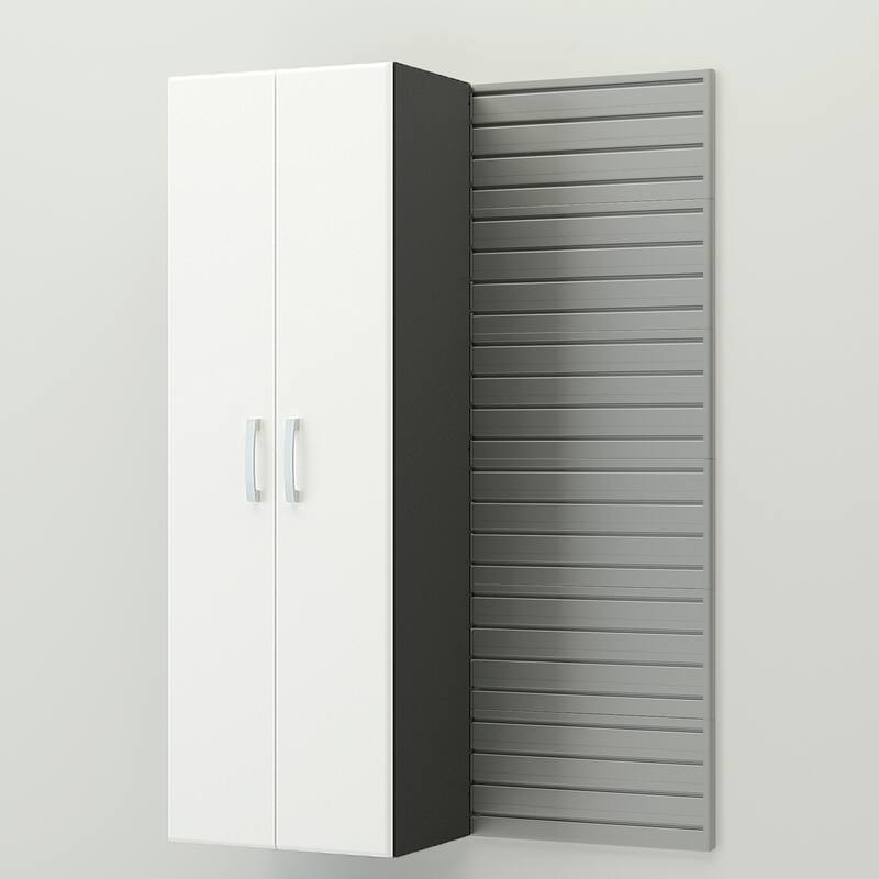 4 Piece Slatwall Panel, Cabinet Storage Set - Silver Slat Wall/ White Cabinet