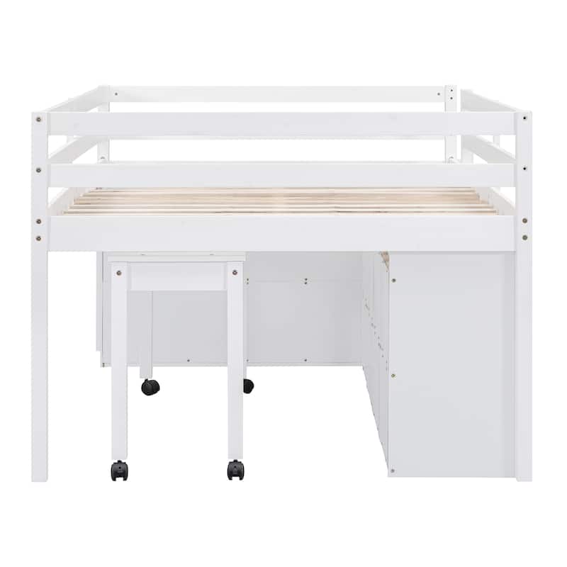 Full Size Loft Bed Frame with Retractable Writing Desk and 4 Drawers,Wooden Loft Bed with Lateral Portable Desk and Shelves