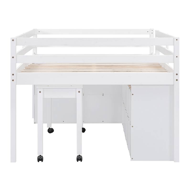 Full Size Loft Bed with Retractable Desk and Storage Drawers, White