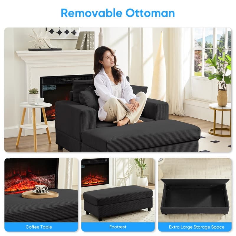 Mixoy Corduroy Chaise Lounge Deep Seat Sleeper Sofa Chair with Storage Ottoman,Upholstered 1-Seater/Loveseat Sofa Couch
