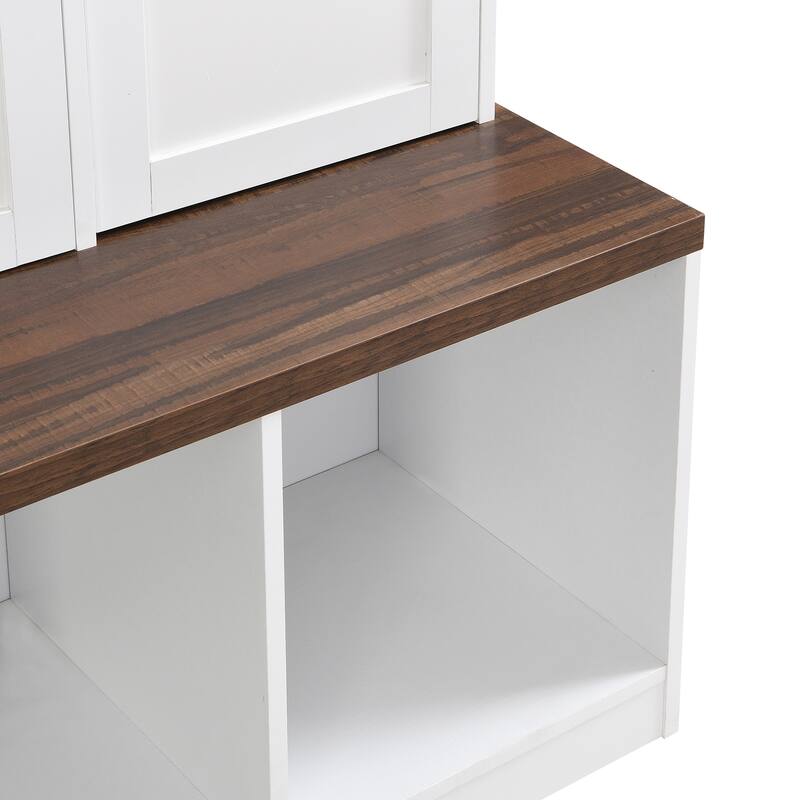 Versatile Hall Tree with 4 Hanging Hooks, Brown Wood Grain Bench with Multiple Storage Space, Entryway Cabinet