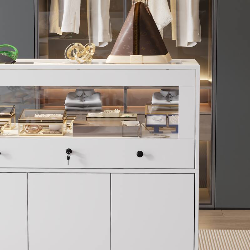 Display Cabinet with Tempered Glass Top and Lockable Storage Closet - 39.4"