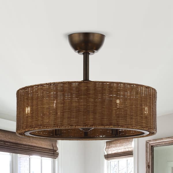 slide 2 of 8, 24" Rustic 3-Blade Rattan Cage Ceiling Fan Chandelier with Remote Antique Bronze