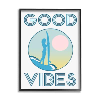 Stupell Good Vibes Text Blue Surfer Chick Sunset Framed Wall Art