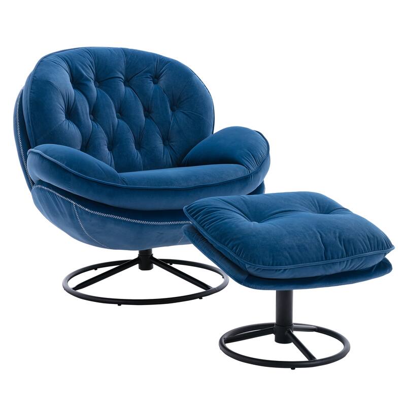 Velvet Swivel Accent Chair with Ottoman & Metal Legs (360° Rotation)