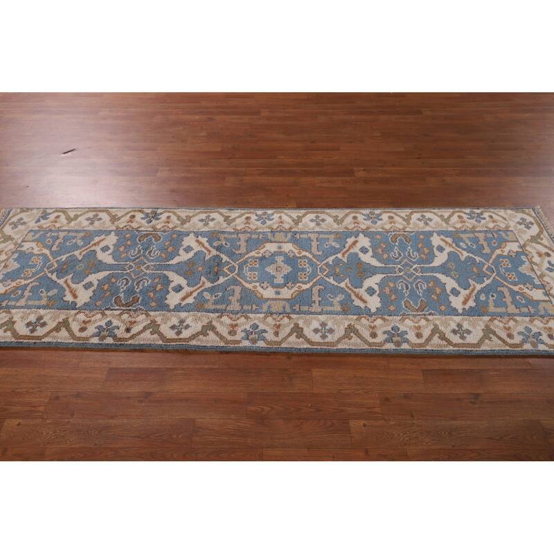 Light Blue Oushak Oriental Runner Rug Handmade Wool Carpet - 2'6" x 7'9"
