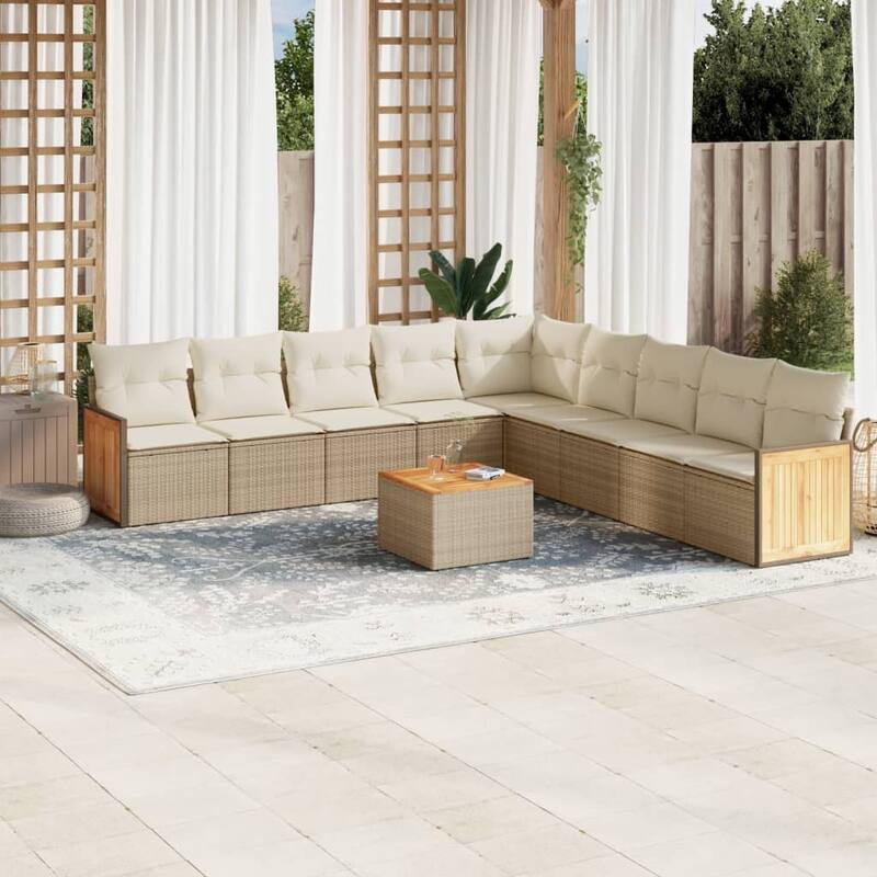 vidaXL Patio Sofa Set with Cushions Outdoor Conversation Furniture Poly Rattan - Beige and Cream-With table - 112.6 x 112.6 x 33.5