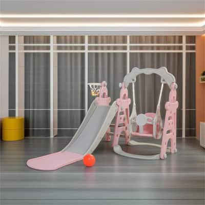 Kids Swing and Slide Set 3-in-1 Slide with Basketball Hoop