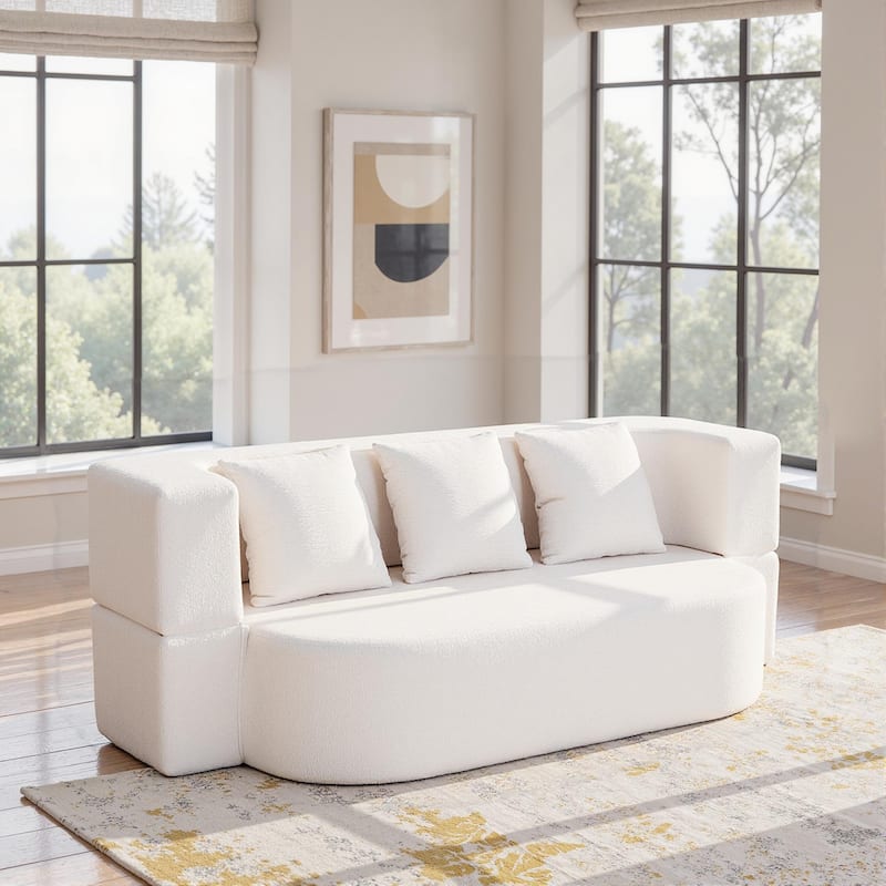 79" boneless loveseat Convertible Folding Sofa Bed, Twin Sleeper Sofa with Pillow, Modern Chenille Couch for Living Room - Ivory-White