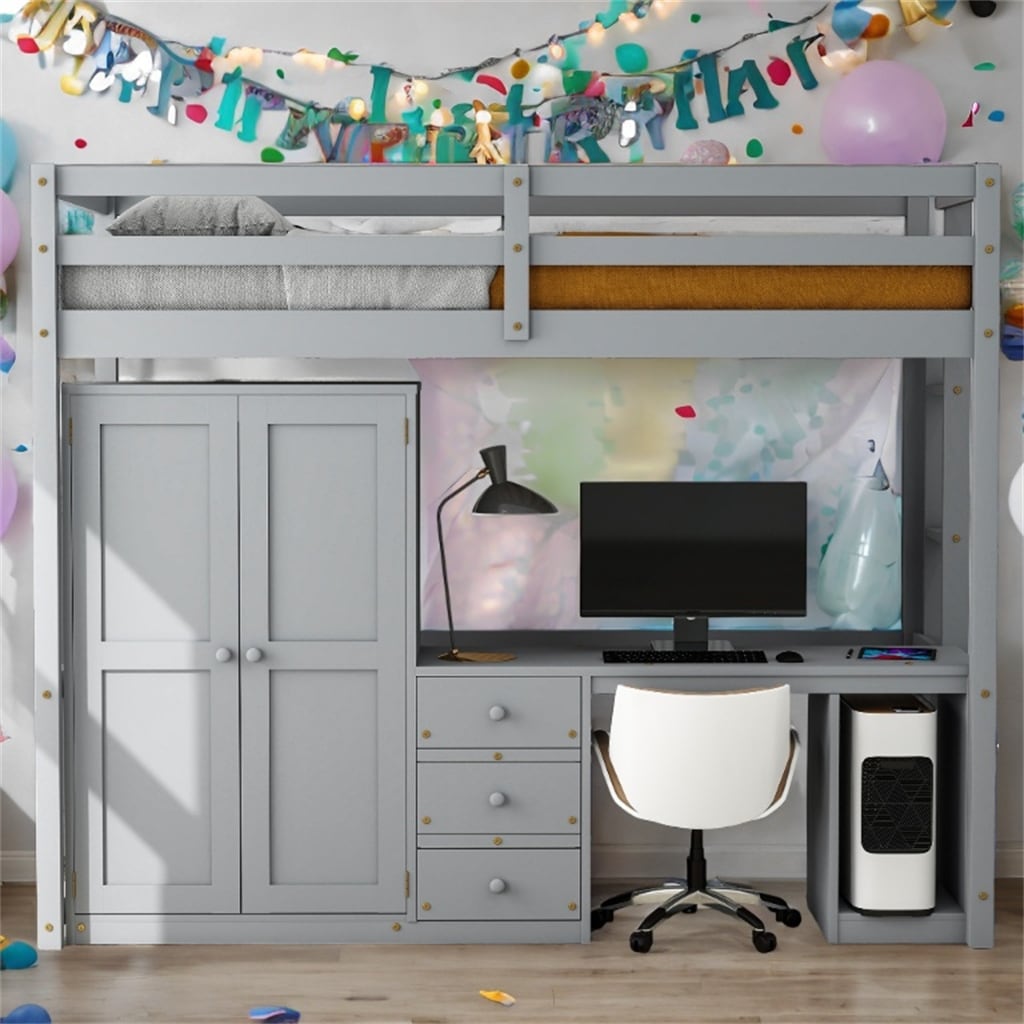 Twin Size Loft Bed with Wardrobe and Desk