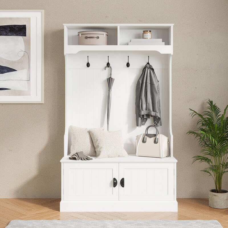 4 Hook Hallway Tree with Storage Bench and Upper Cubbies - White