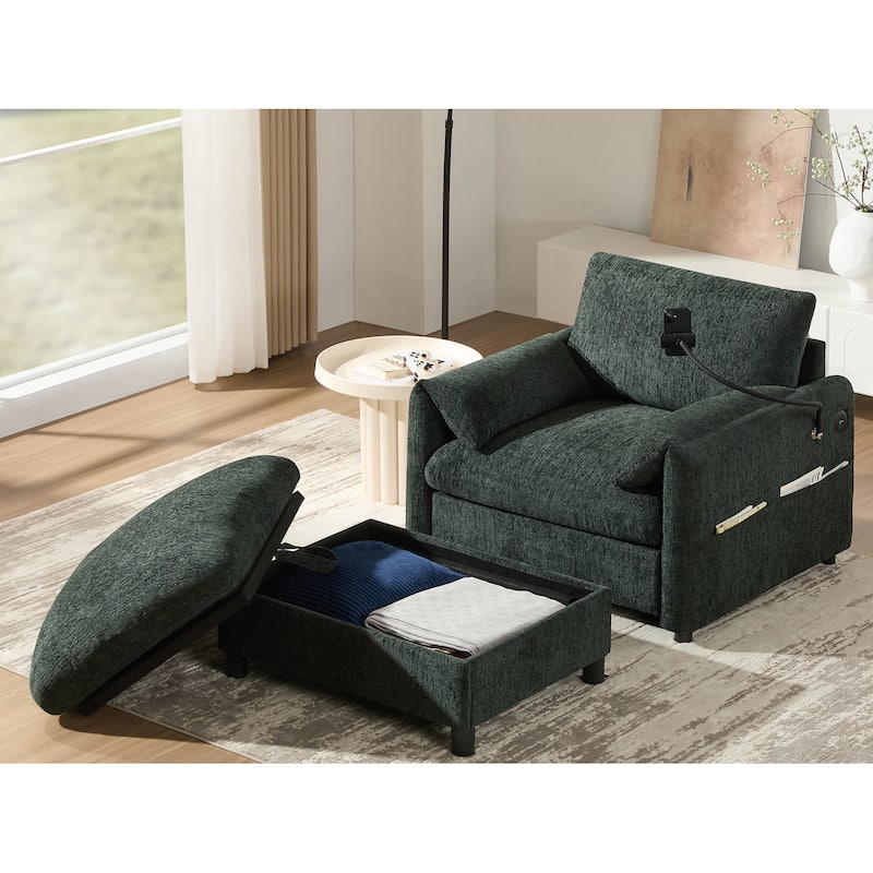 Single Sofa with Storage Ottoman, Lounge Chair with Phone Holder, USB Charger & Side Pockets, Comfy Chenille Reading Armchair