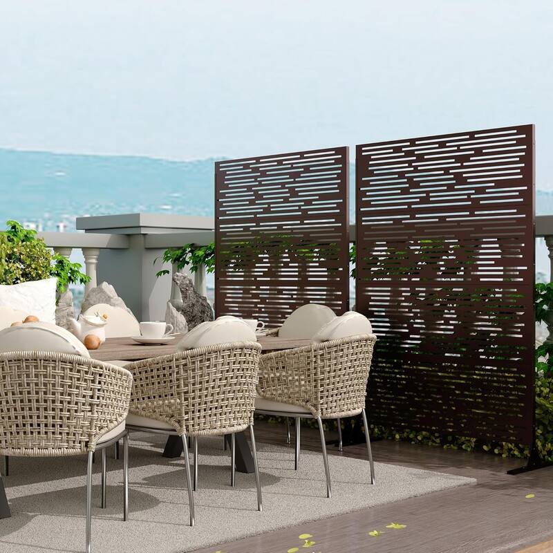 1PCS 72 in H x 46 in W Metal Privacy Screen Panel Freestanding Outdoor Divider with Stand Stripe02-Brown