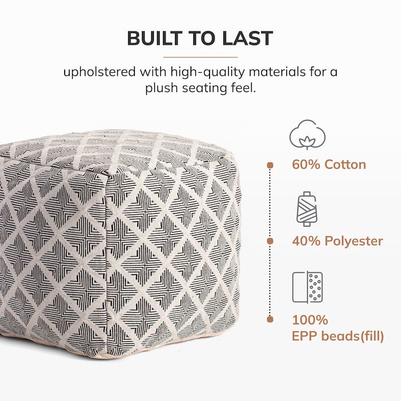 Jani Carondelet 20-inch Black & Ivory Square Pouf Ottoman - Handmade Footrest for Living Room, Bedroom, Nursery