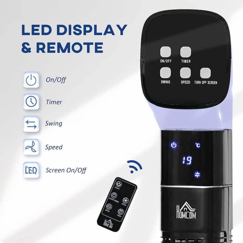 HOMCOM Tower Fan Cooling for Bedroom with 3 Speed, 12h Timer, Oscillating, LED Display, Remote Controller, Black