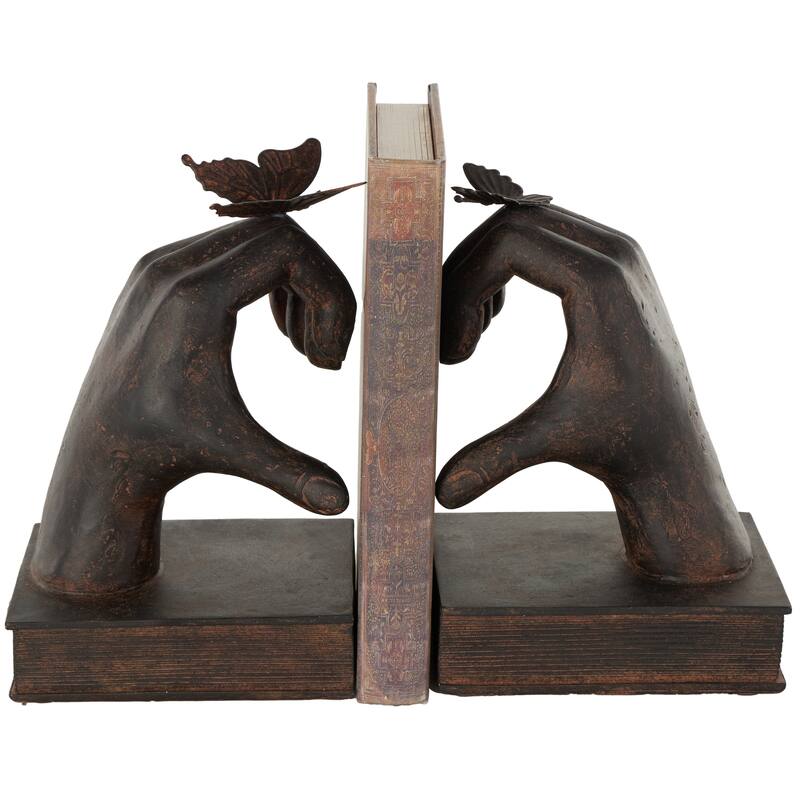 Resin Hands Heart Inspired Decorative Bookends with Butterfly and Copper Accents - Set of 2 Dark Brown - Roche River Decor - Dark Brown