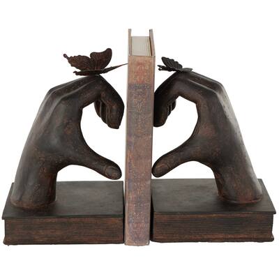 Resin Hands Heart Inspired Decorative Bookends with Butterfly and Copper Accents - Set of 2 Dark Brown - Roche River Decor
