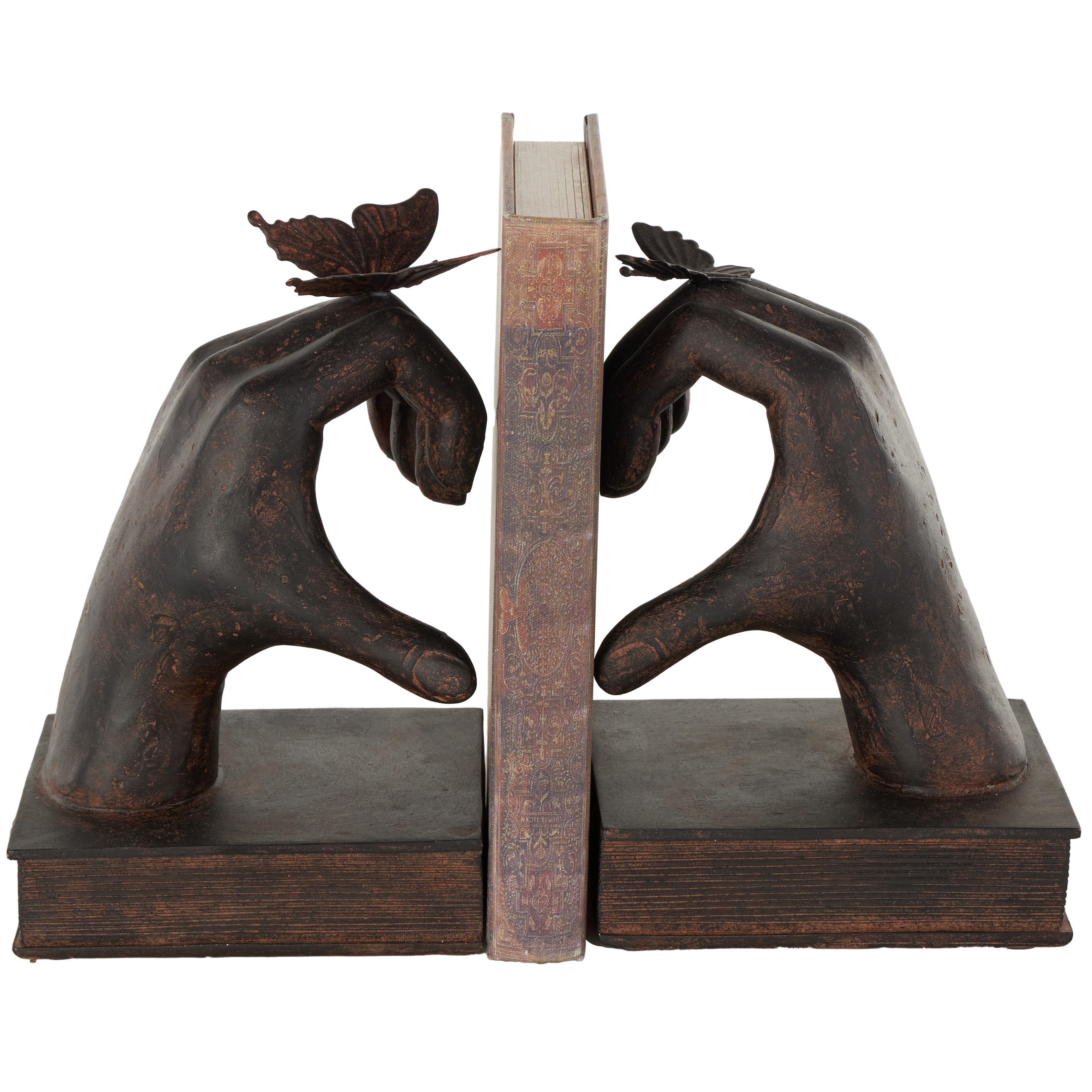 Roche River Decor - Resin Hands Heart Inspired Bookends with Butterfly and Copper Accents - Set of 2 Dark Brown