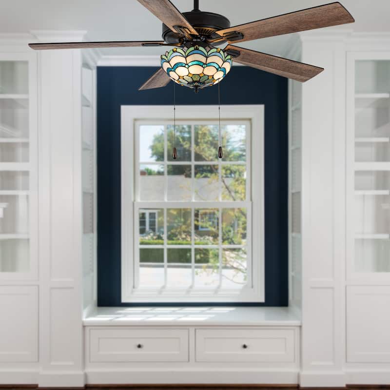 Yves River of Goods Multicolored Oil-Rubbed Bronze and Stained Glass 3-Light 52-Inch Ceiling Fan - 52" x 52" x 14.75"/19.75"