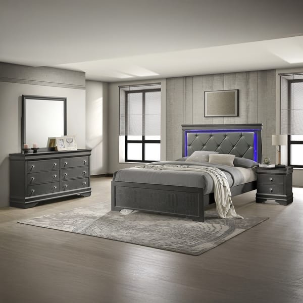 slide 2 of 15, Blaze 4PC/5PC Bedroom Set - Modern Elegance with Tufted LED Bed, Velvet-Lined Drawers, and Textured Detailing Blaze King 4PC Gray - King - 4 Piece