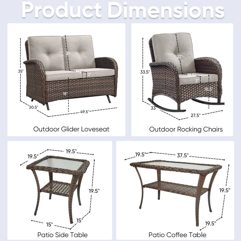 Outdoor Glider Sofa Rocker Chairs Table Brown-Beife - Brown