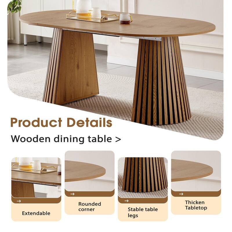 Wooden Dining Table, Flexible and Extendable, Multi-functional and Space-saving, Fashionable Oval Design and Slatted Table Legs