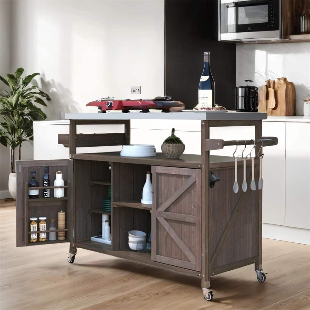 Wood Rolling Kitchen Island with Stainless Steel Top,Towel Rack