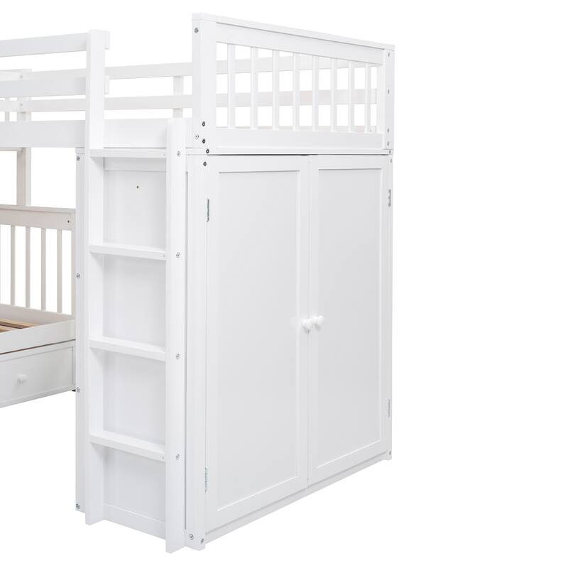 Roomfitters Twin-Twin Over Full L-Shaped Bunk Bed with Desk, Wardrobe and Storage Drawers, Multi-Bed Design