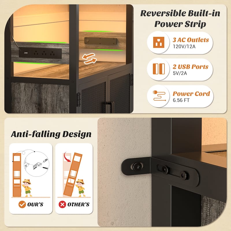 82.6" Tall Wine Cabinet with Glass Holder & Wine Rack，6-Tiers Liquor Storage Cabinet with LED Lights ＆ Charging Station