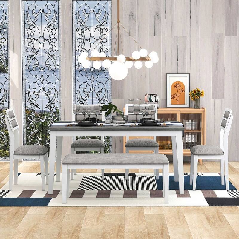60'' rectangular dining table with 4 upholstered chairs and bench