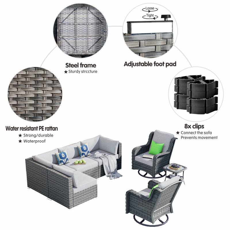 OVIOS 7-piece Rattan Wicker Patio Furniture Set Swivel Rocking Chair Set
