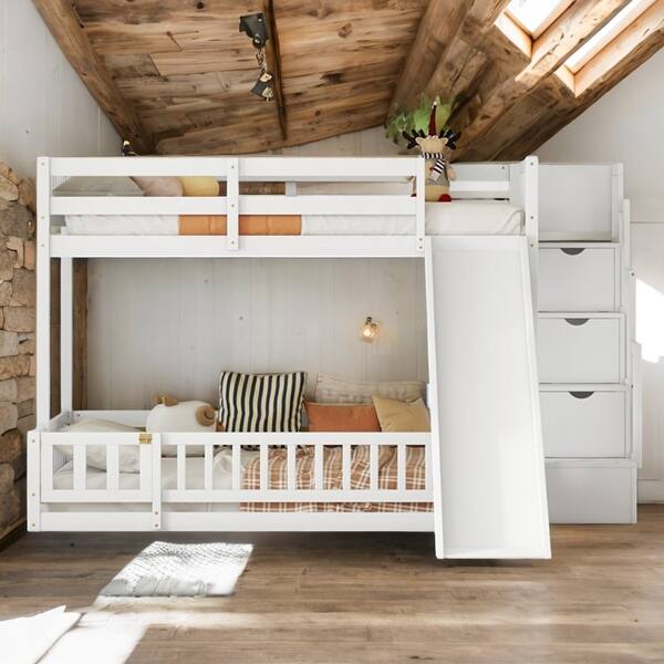 slide 2 of 40, Pine Solid Wooden Twin Over Full Bunk Bed with Slide,Storage Staircase,Kids and Baby White