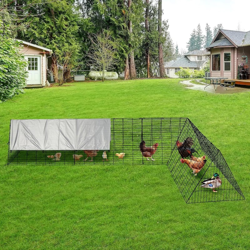 Outdoor Portable Chicken Tractor, Metal Chicken Coop with Run for Hens, Ducks, Rabbits - Silver