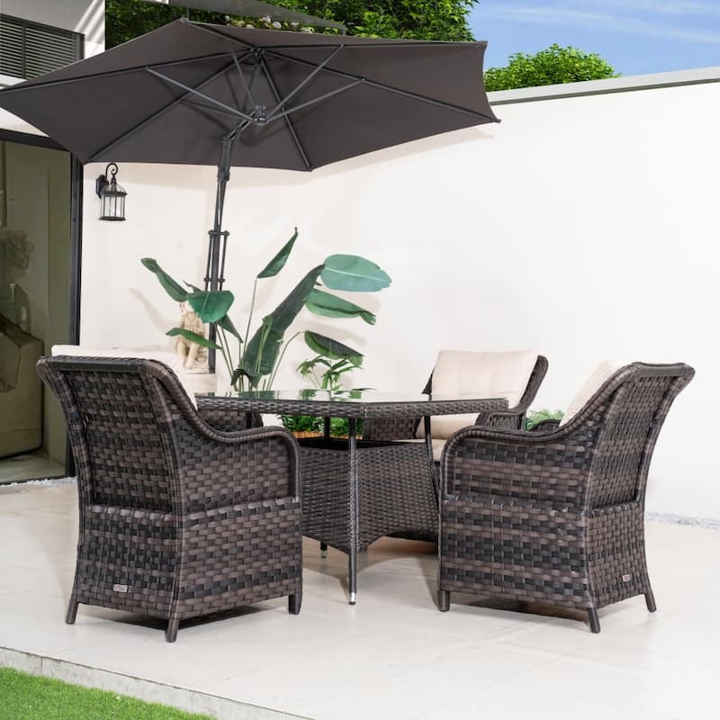 Outdoor 5-piece Square PE Rattan Dining Table and Chairs with Tempered Glass