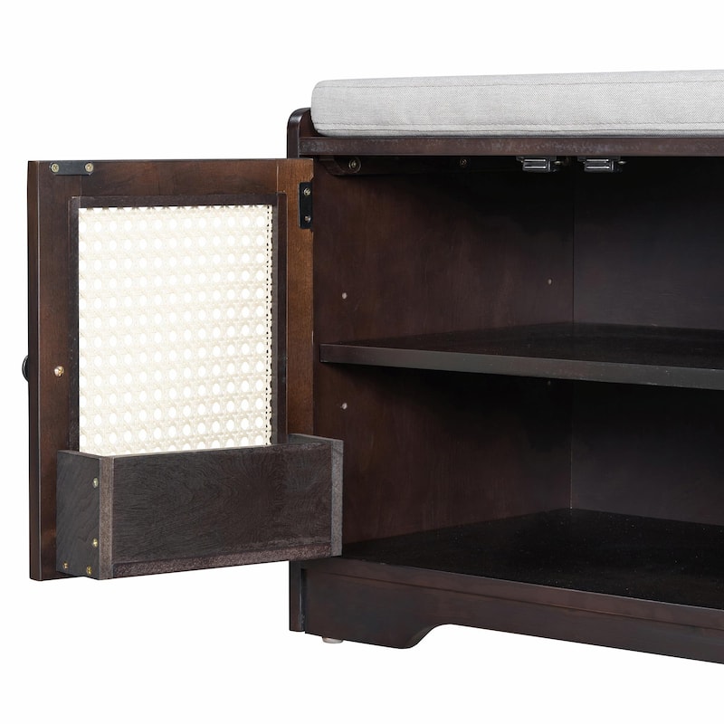 Rustic Storage Bench with Removable Cushion, Woven Rattan Doors & Adjustable Shelves