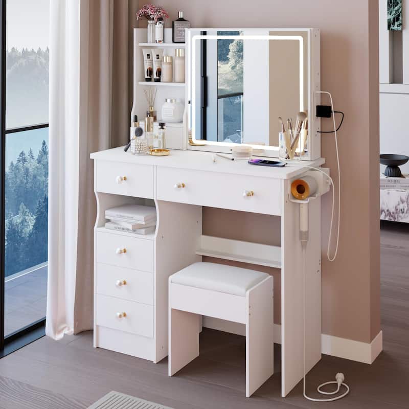 37" Middle Size Left Drawer Desktop Vanity Table + Cushioned Stool Dresser Set, Large Touch Control LED Sliding Mirror