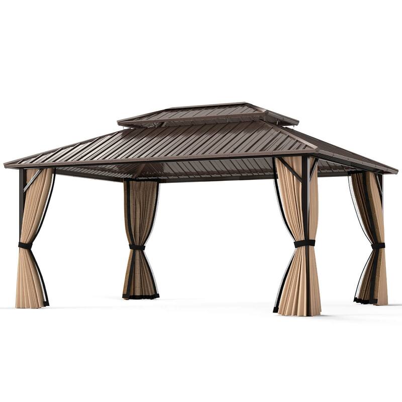 Costway 16 x 12 FT Hardtop Gazebo with Netting Heavy-Duty Double-Roof - Coffee - See Details