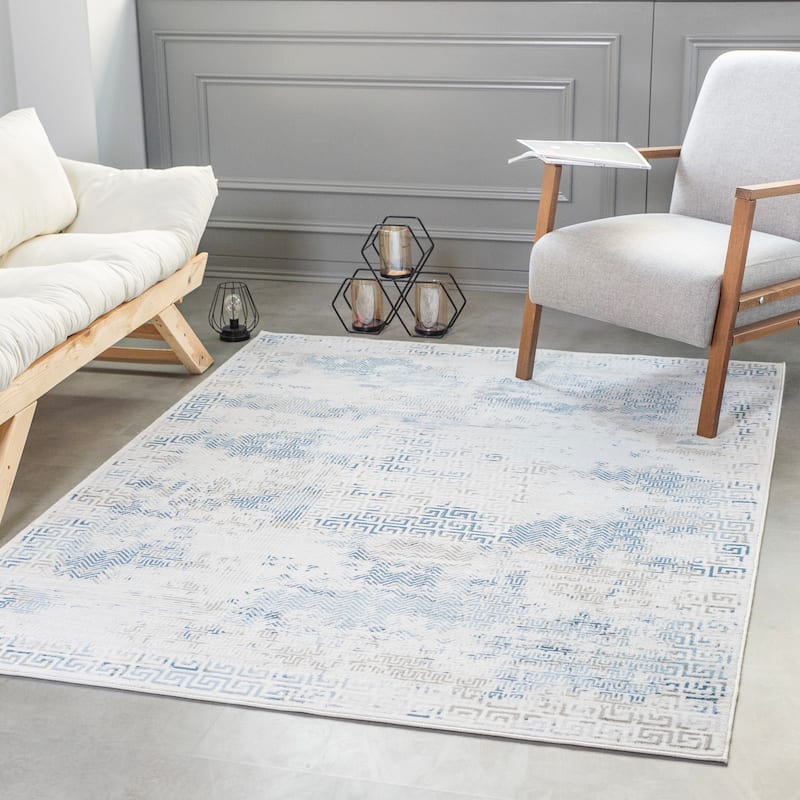 Trendy Collection Neutral Ivory, Tan, and Blue Greek Key Rug