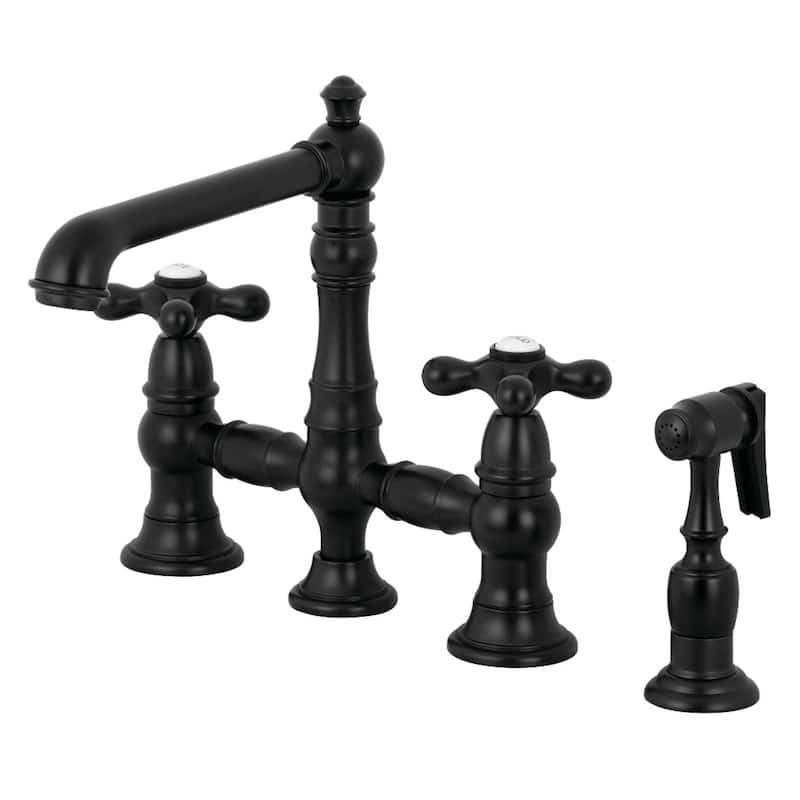 English Country Bridge Kitchen Faucet with Sprayer in Matte Black