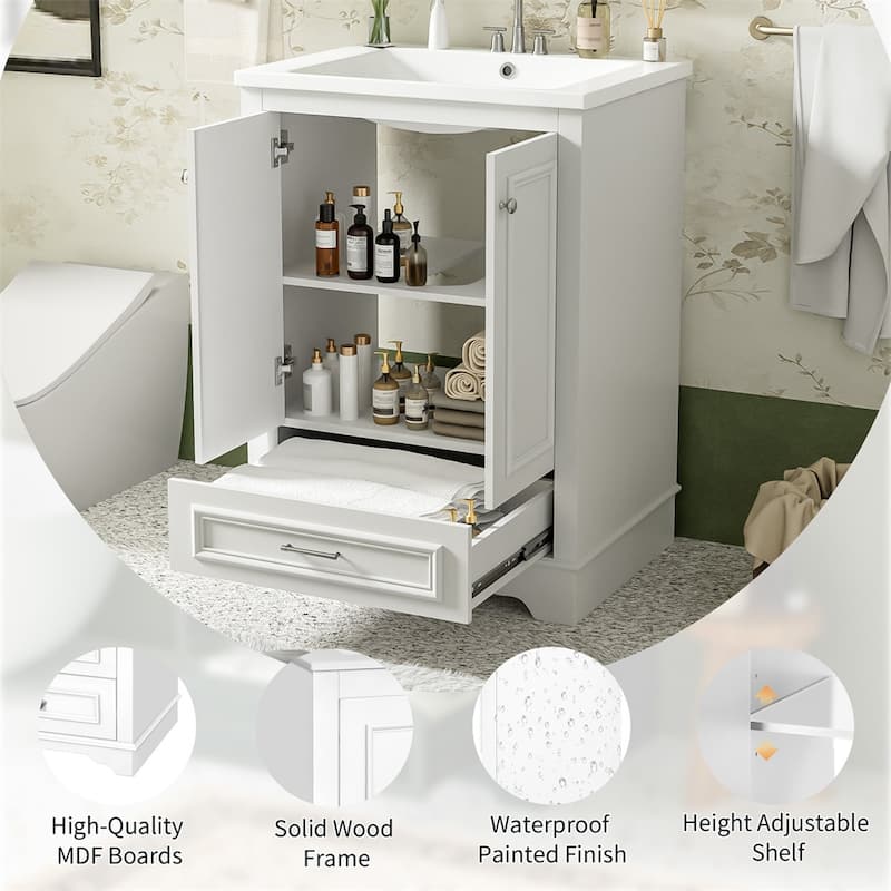 24'' Bathroom Wood Storage Vanity Cabinet with Ceramic Sink, Drawer
